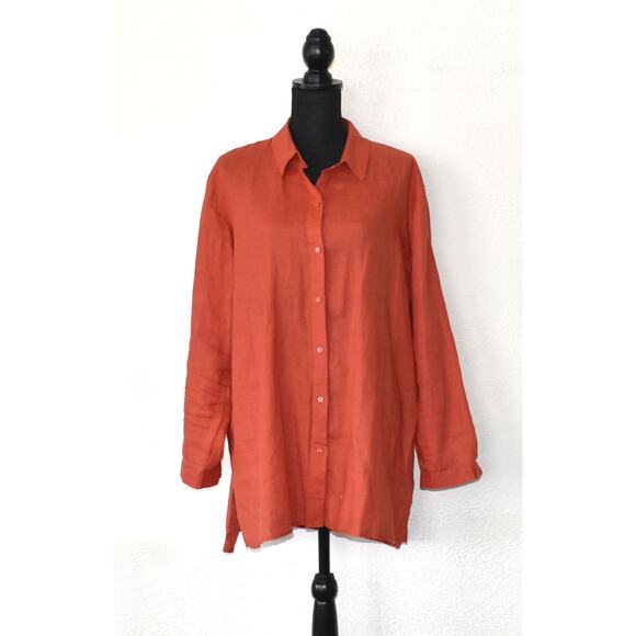 A6 Auth EILEEN FISHER Bright Orange Organic Linen Long Blouse Shirt Top Size XL - Picture 1 of 6